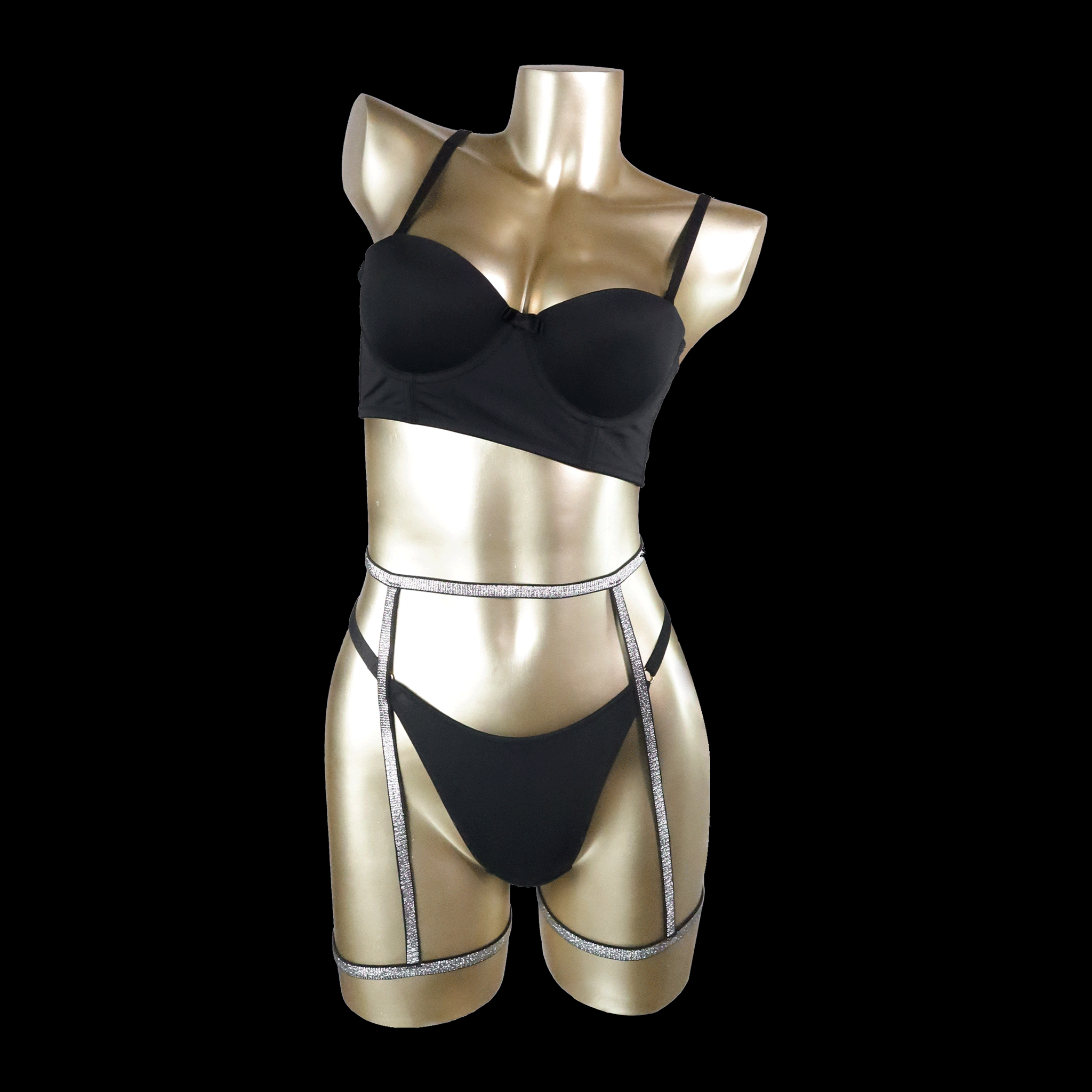 Elegant Black Satin Sexy Lingerie Set with Garter Belt and Sexy thong