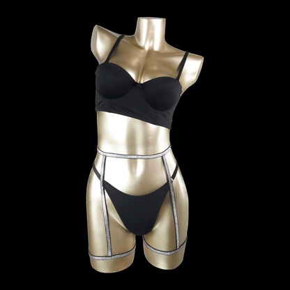 Elegant Black Satin Sexy Lingerie Set with Garter Belt and Sexy thong