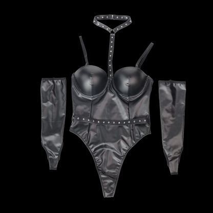 Black Leather Corset Bodysuit with Diamond Belt and Sleeves