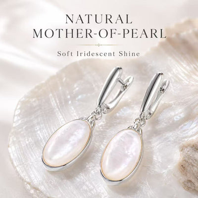 Beggeta Mother of Pearl Jewelry Set for Women, Oval Mother of Pearl Dangle Earrings and Adjustable Ring, Elegant Silver Jewelry Gift Set with Gift Box for Wedding, Anniversary, Birthday, Mother's Day