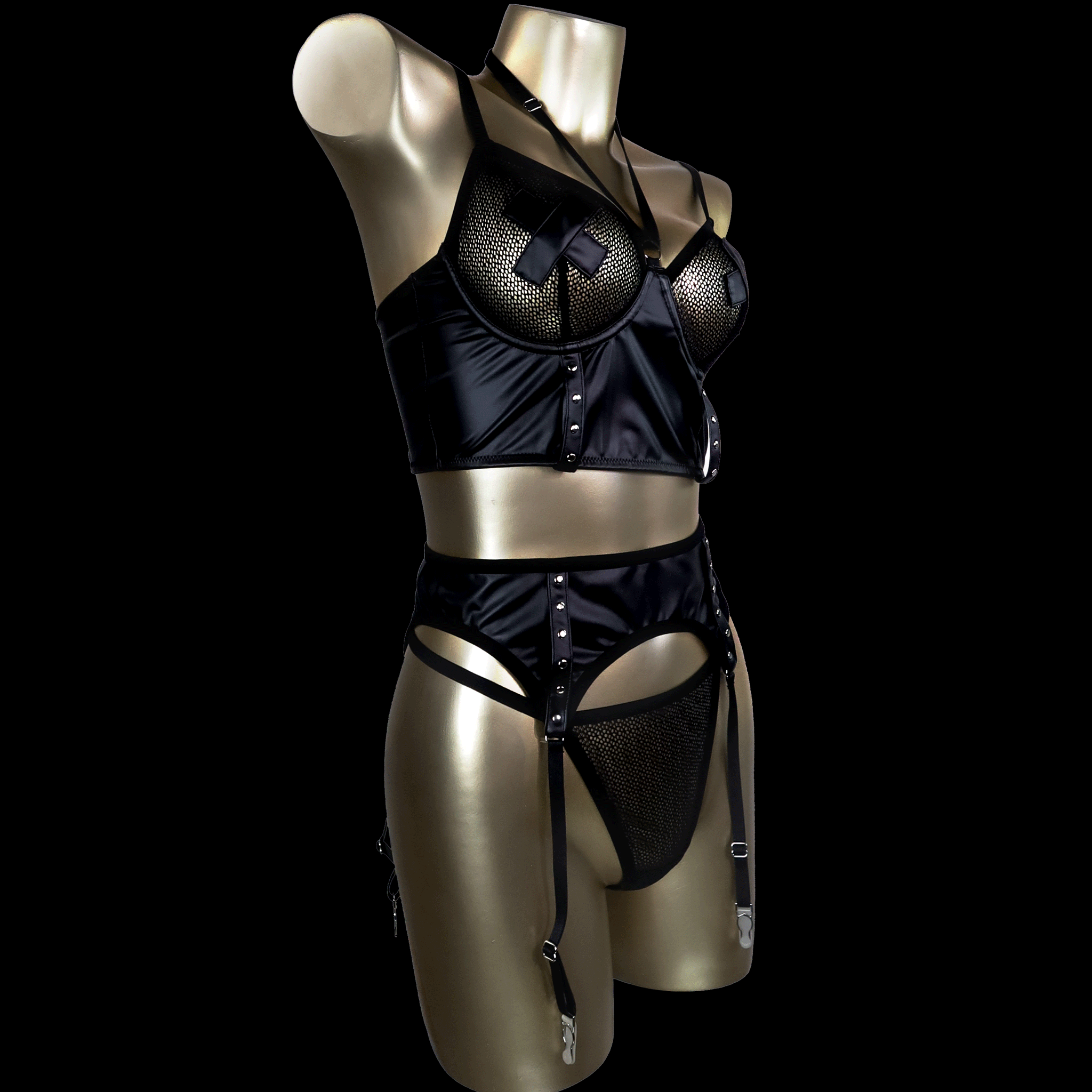 Bold Sexy Lingerie Bondage-Inspired Two-Piece Set with Garter Belt and Strappy Details
