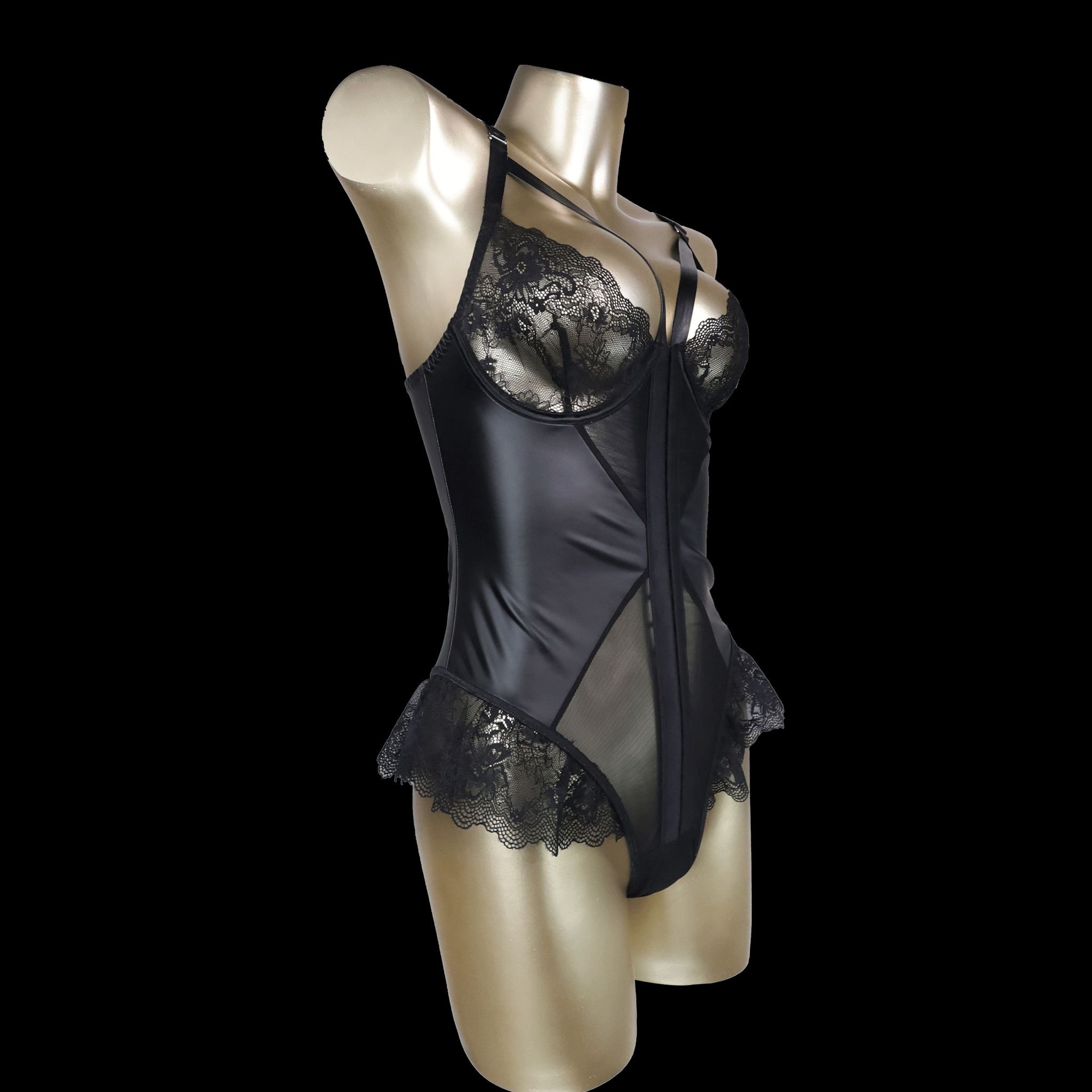 Black Lace Bodysuit with Corset-Inspired Design and see through Details
