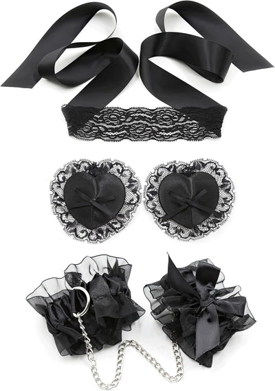 BDSM Toys Set with Blindfold, Bondage Wrist Restraints, and Lace Nipple Covers