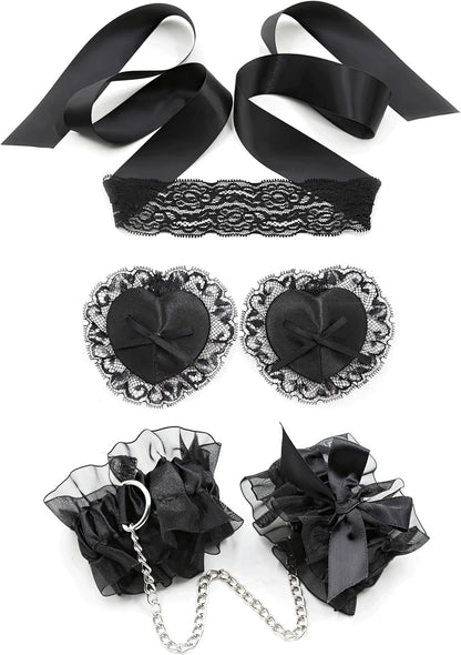 BDSM Toys Set with Blindfold, Bondage Wrist Restraints, and Lace Nipple Covers