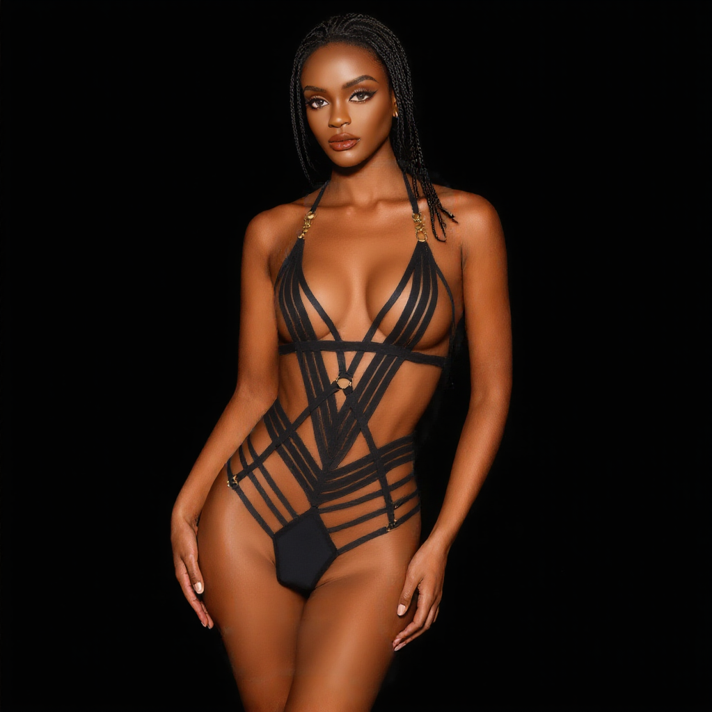 LaceBound Strappy Lingerie – Alluring Web of Elastic Straps with Silver Accents