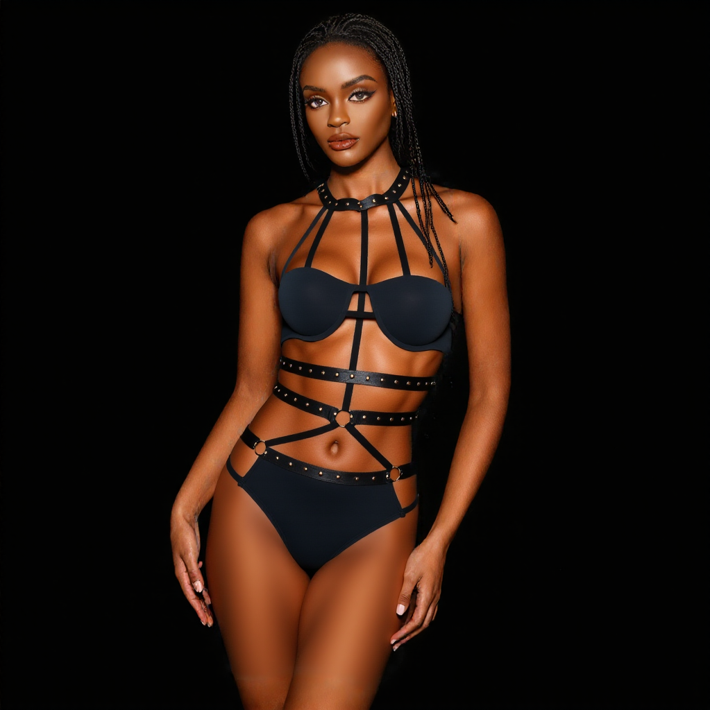 Seductive Bondage Lingerie with Strappy Design and Choker Detail