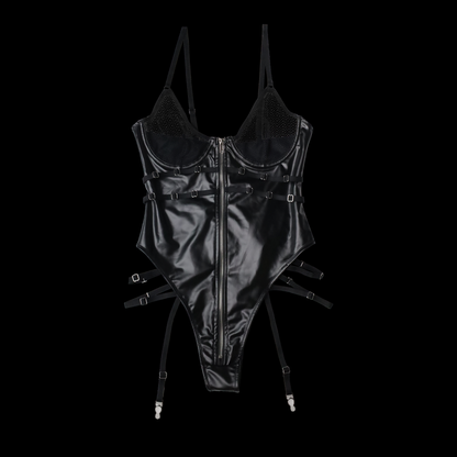 Sexy Black Corset Bodysuit with See-Through Mesh Lingerie Design
