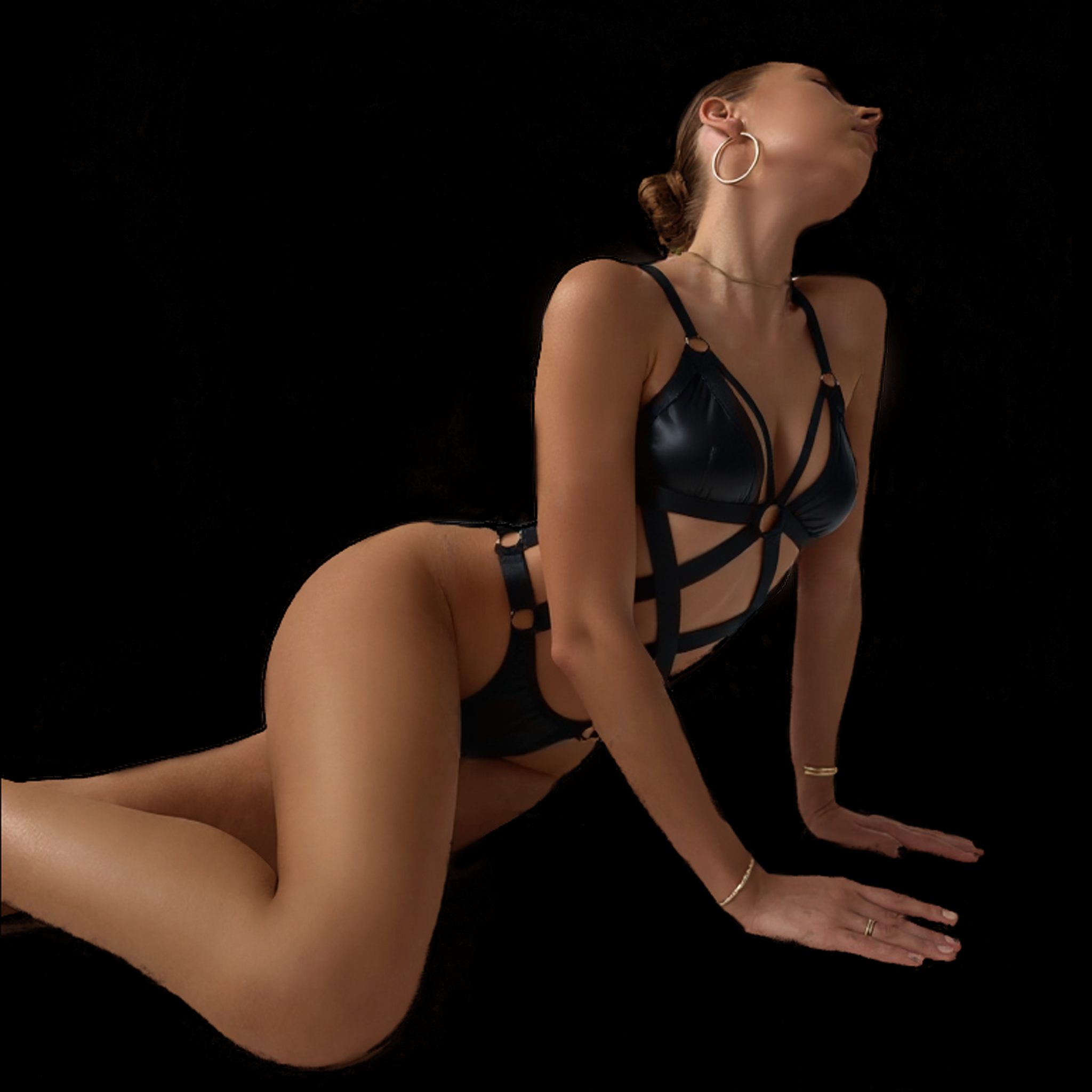 Black Leather Bodysuit  Strappy Lingerie with Seductive Cutouts