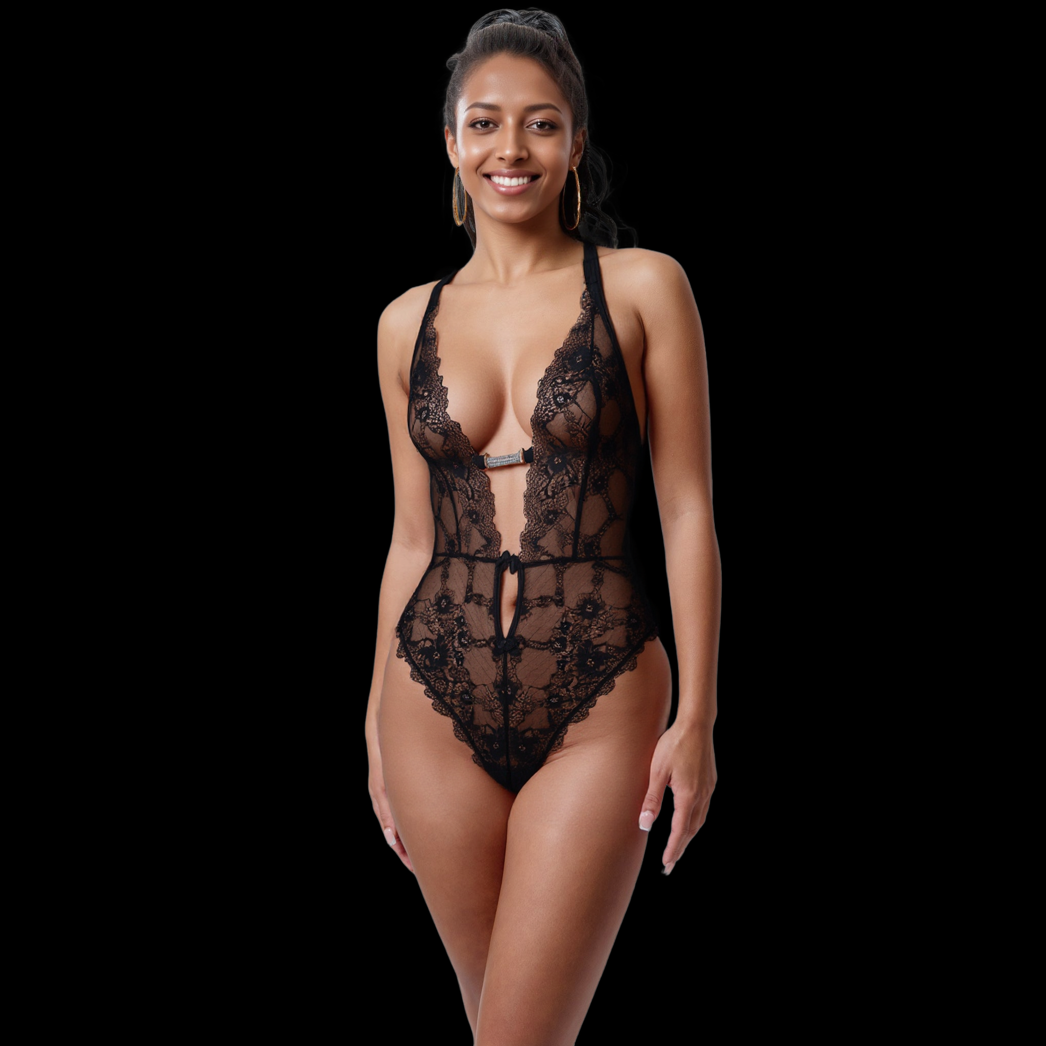 Sexy Lingerie Black Lace Bodysuit with Deep V-Neckline