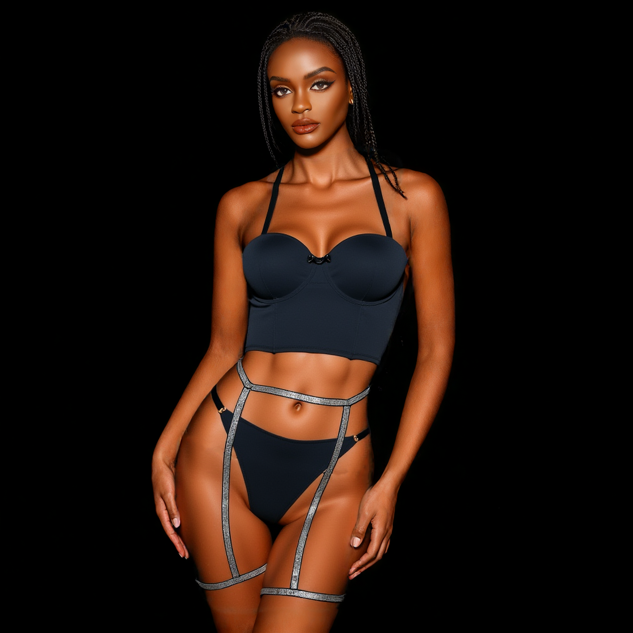 Elegant Black Satin Sexy Lingerie Set with Garter Belt and Sexy thong