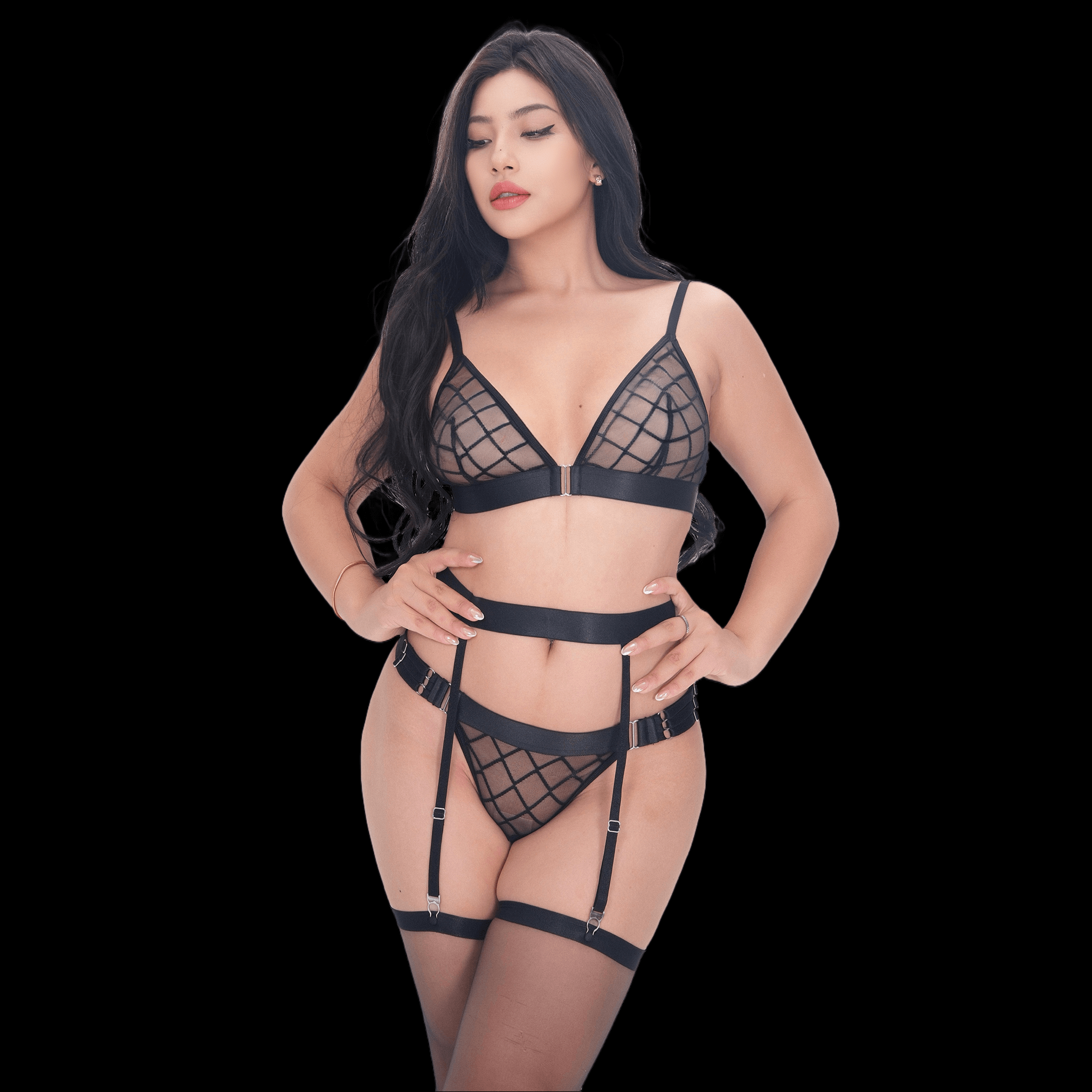 Black Sexy Lingerie Set with Grid Design and See-Through Three-Piece Style