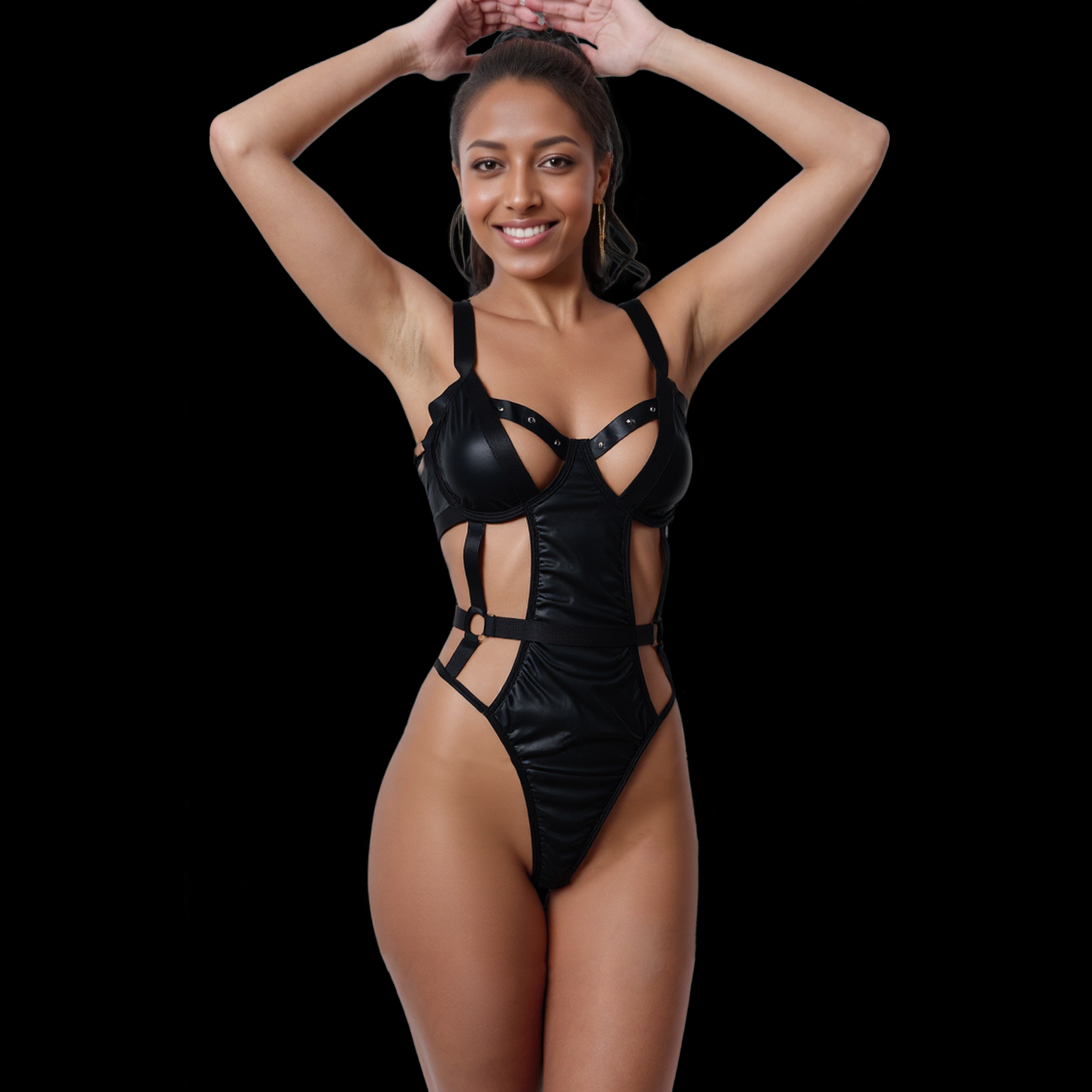 Sexy Black Strappy Bodysuit with Corset-Inspired Design