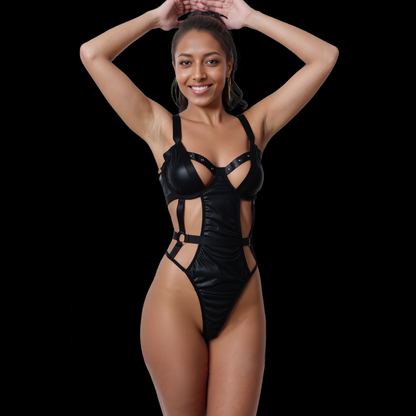 Sexy Black Strappy Bodysuit with Corset-Inspired Design