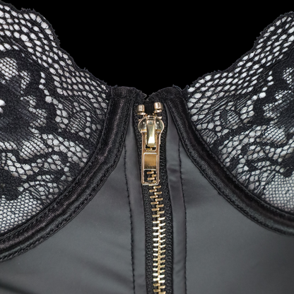 Sexy Lace & Leather Mini Dress with Front Zipper Accents