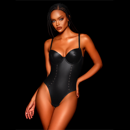 Sexy Lingerie Black Bodysuit with Sleek Leather Finish