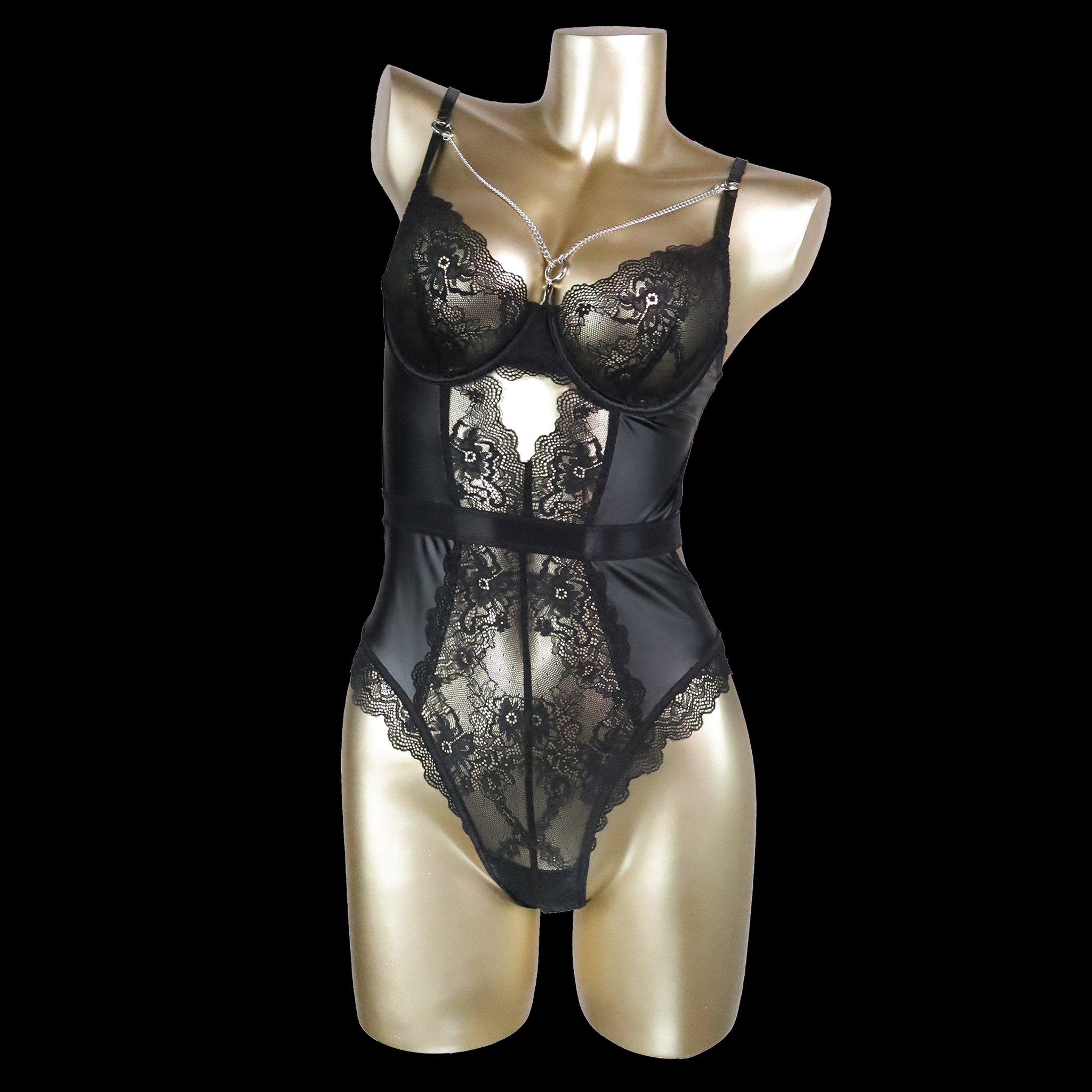 Sexy Black Lace Bodysuit with Garter Straps and Floral Details