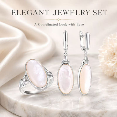 Beggeta Mother of Pearl Jewelry Set for Women, Oval Mother of Pearl Dangle Earrings and Adjustable Ring, Elegant Silver Jewelry Gift Set with Gift Box for Wedding, Anniversary, Birthday, Mother's Day
