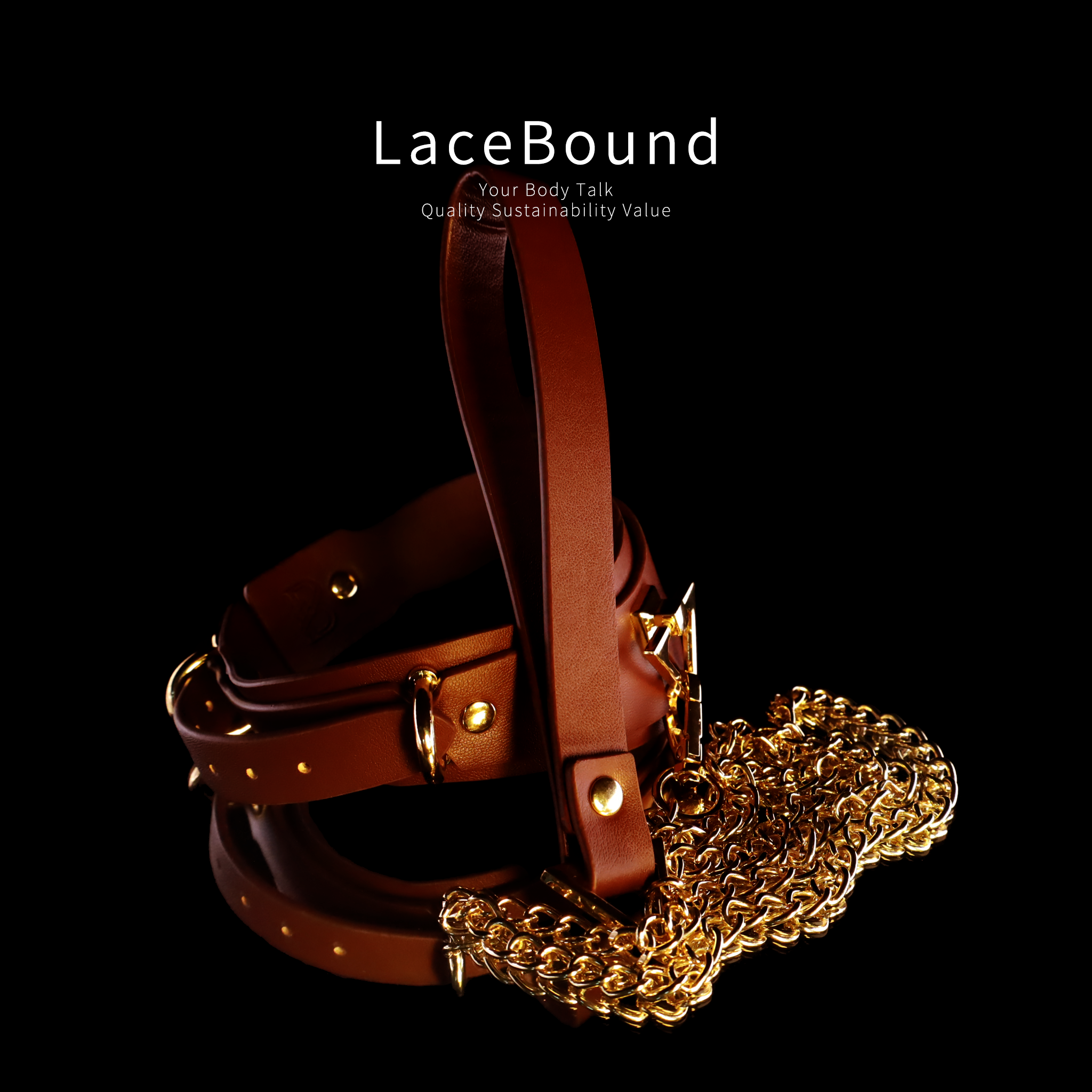 Luxury BDSM Collar with Gold Leash – PU Leather Neck Restraint for Dominant Play