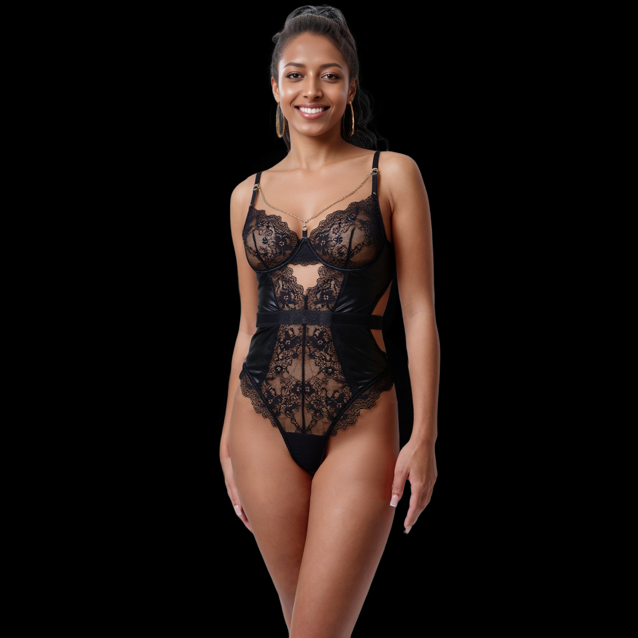 Sexy Black Lace Bodysuit with Garter Straps and Floral Details