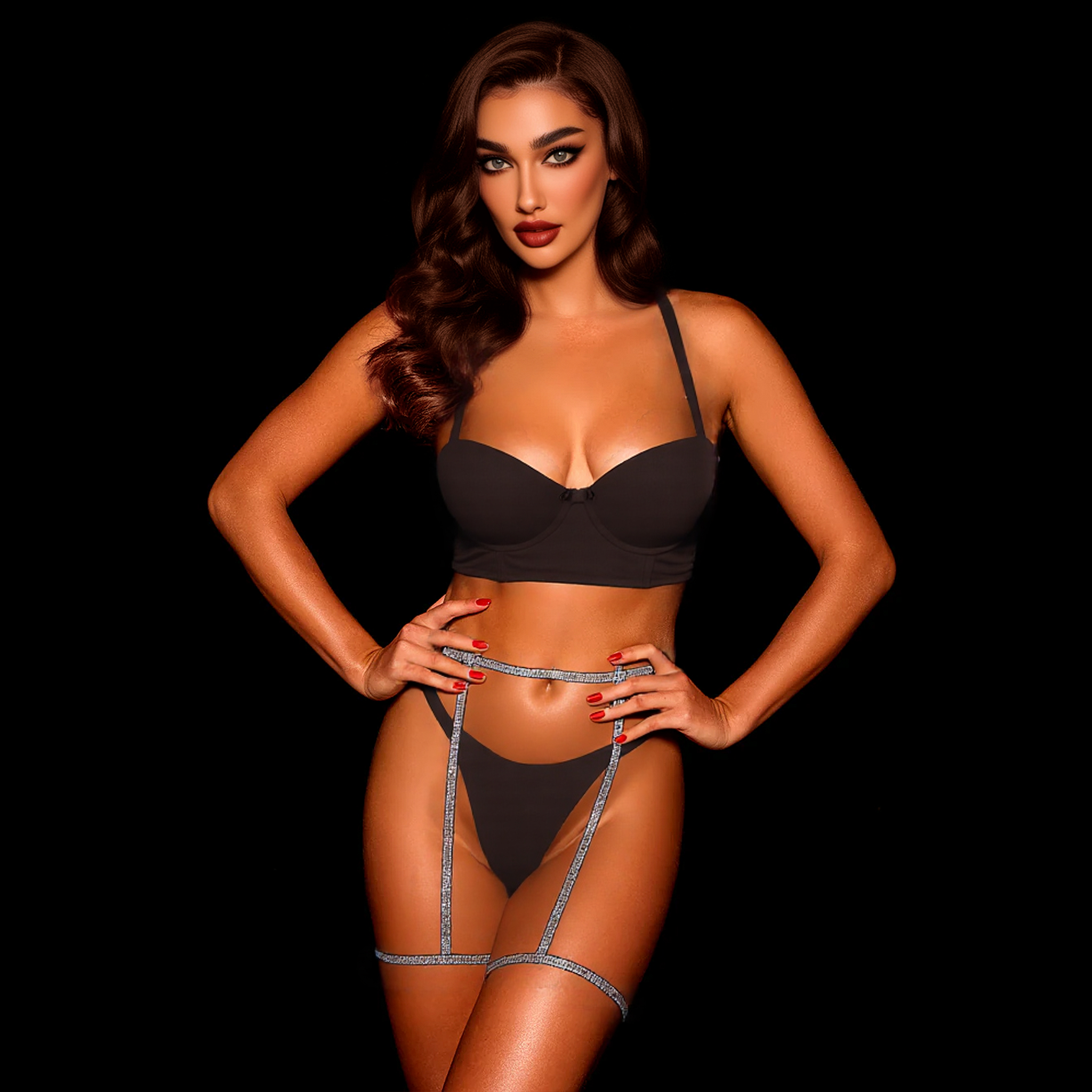 Elegant Black Satin Sexy Lingerie Set with Garter Belt and Sexy thong
