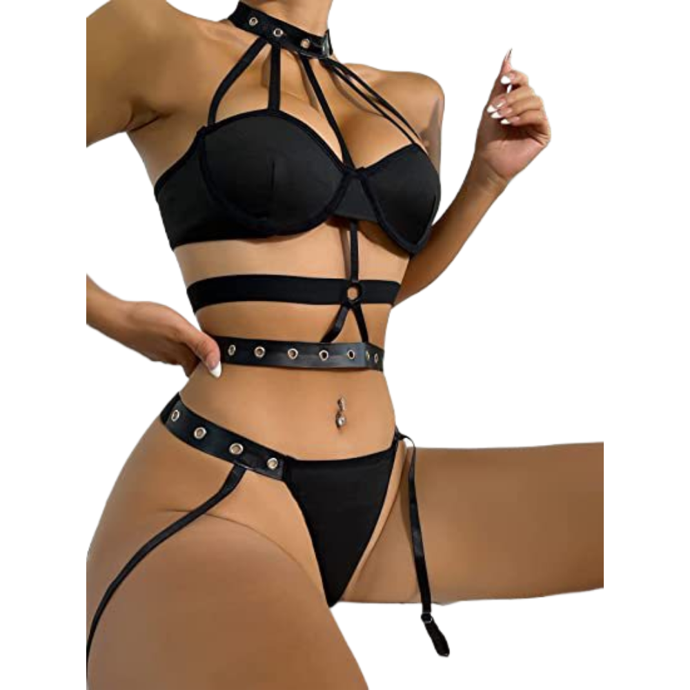 Seductive Bondage Lingerie with Strappy Design and Choker Detail
