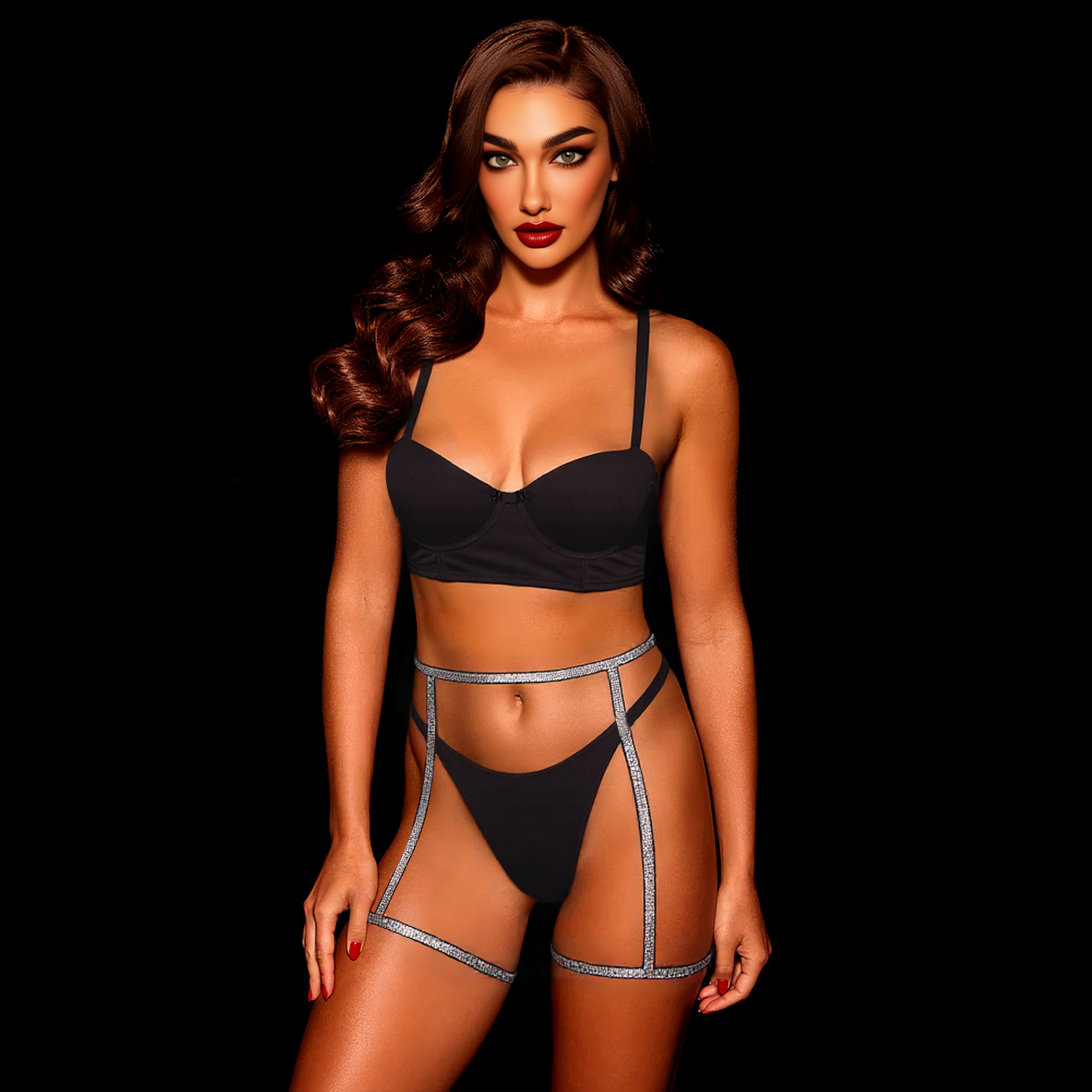 Elegant Black Satin Sexy Lingerie Set with Garter Belt and Sexy thong