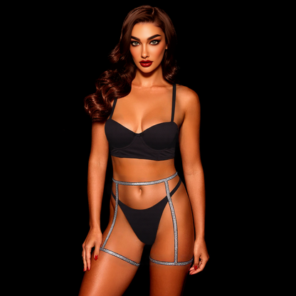 Elegant Black Satin Sexy Lingerie Set with Garter Belt and Sexy thong