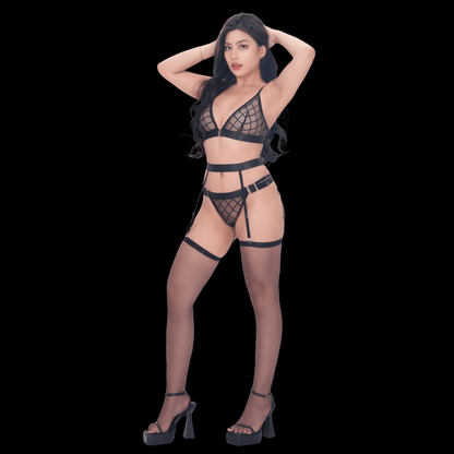 Black Sexy Lingerie Set with Grid Design and See-Through Three-Piece Style