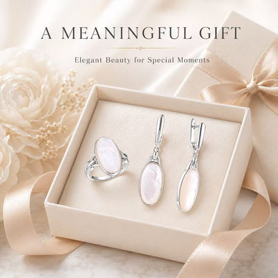 Beggeta Mother of Pearl Jewelry Set for Women, Oval Mother of Pearl Dangle Earrings and Adjustable Ring, Elegant Silver Jewelry Gift Set with Gift Box for Wedding, Anniversary, Birthday, Mother's Day