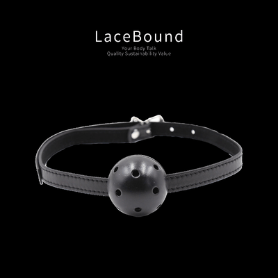 Black ball gag harness for BDSM with adjustable straps, featuring a smooth round black gag and buckle closure, designed for secure and comfortable bondage restraint.