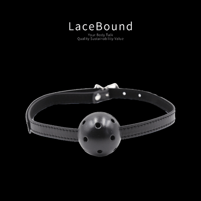 Black ball gag harness for BDSM with adjustable straps, featuring a smooth round black gag and buckle closure, designed for secure and comfortable bondage restraint.
