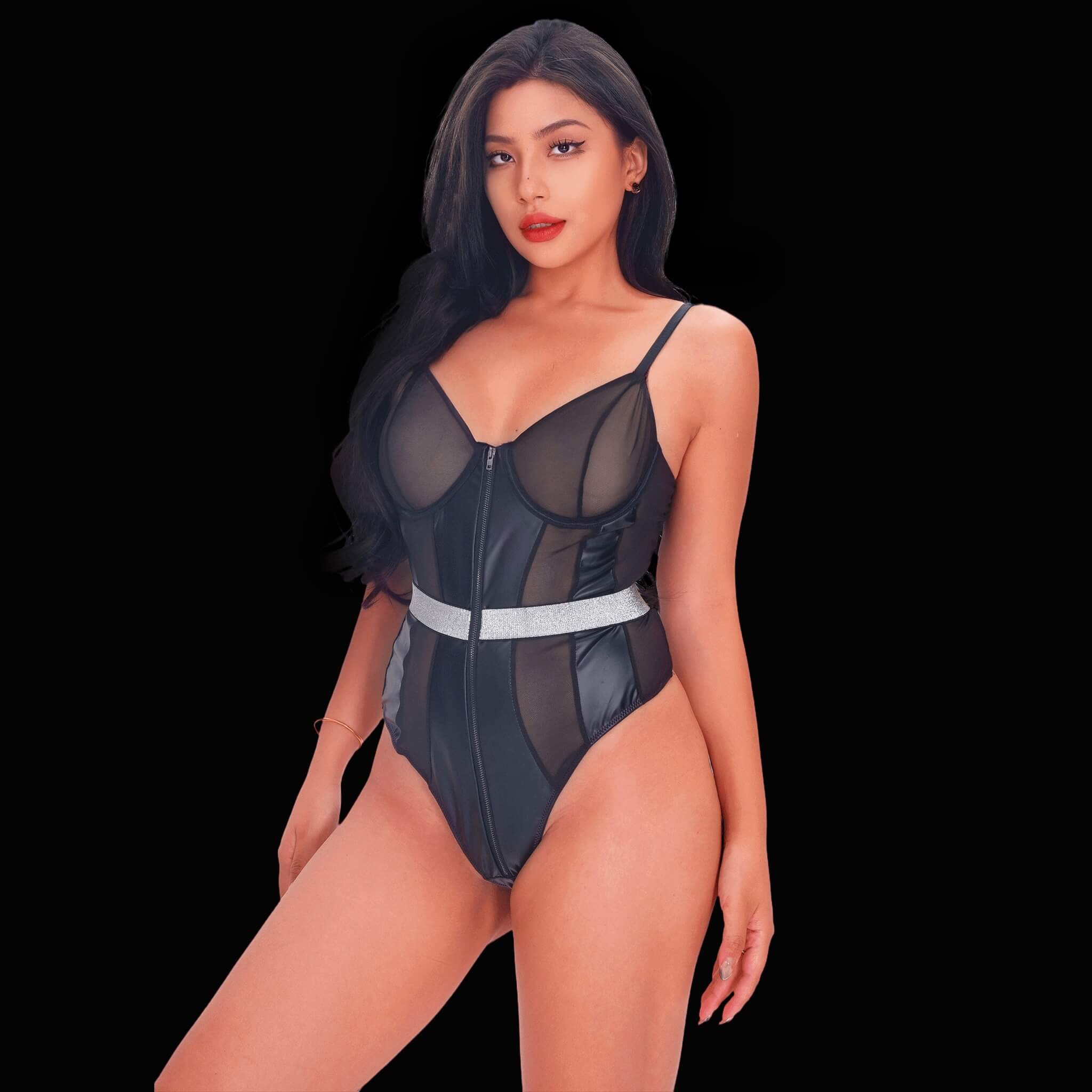 Black bodysuit with leather accents in an elegant style, featuring refined leather elements and a chic, structured cut for a sophisticated, flattering, and alluring silhouette.