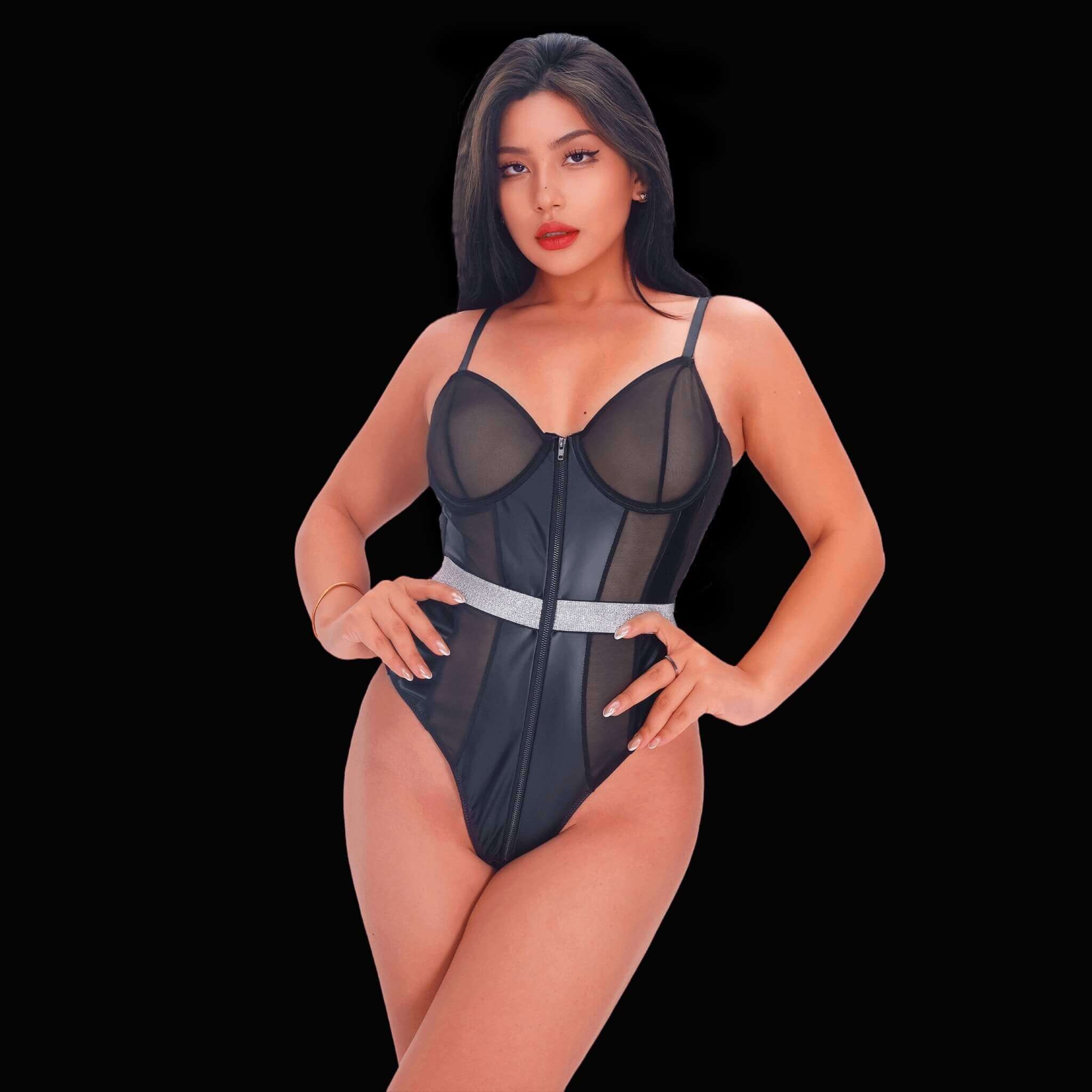 Black bodysuit with leather accents in an elegant style, designed with eye-catching leather details and a sleek silhouette for a refined, fashionable, and captivating look.