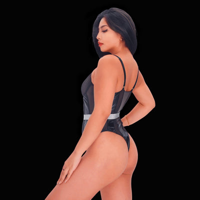 Black bodysuit with leather accents in an elegant style, featuring sophisticated leather trim and a flattering, modern cut for a graceful, chic, and alluring effect.