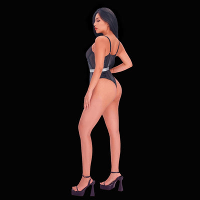 Black bodysuit with leather accents in an elegant style, featuring sleek leather paneling and a refined silhouette for a sophisticated, modern, and alluring look.