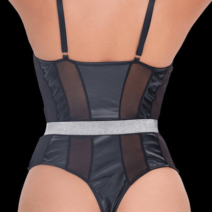 Black bodysuit with leather accents in an elegant style, styled with graceful leather features and a polished, fitted silhouette for a refined, sophisticated, and seductive effect.