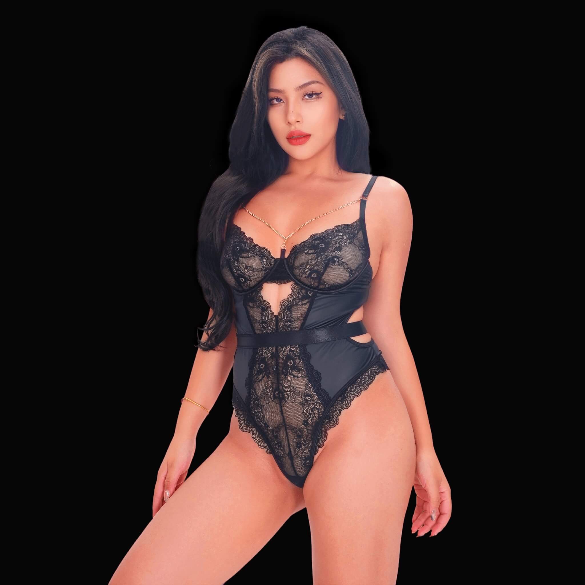 Black lace bodysuit with elegant floral details, designed with beautiful lacework and a flattering silhouette for a sensual, romantic, and sophisticated lingerie style.