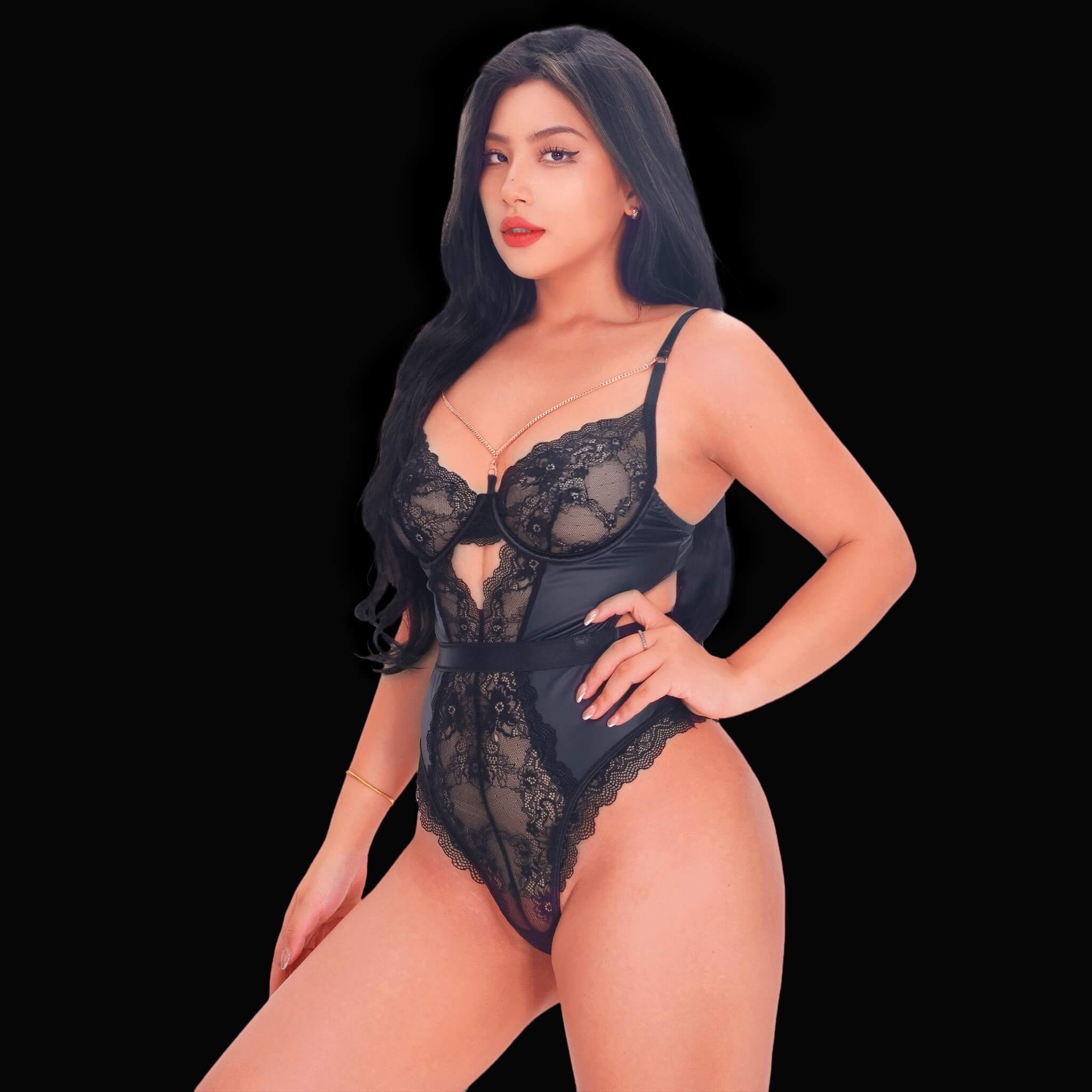 Black lace bodysuit with intricate floral details, featuring delicate lacework and vibrant floral patterns for a stunning, sexy, and romantic lingerie look.