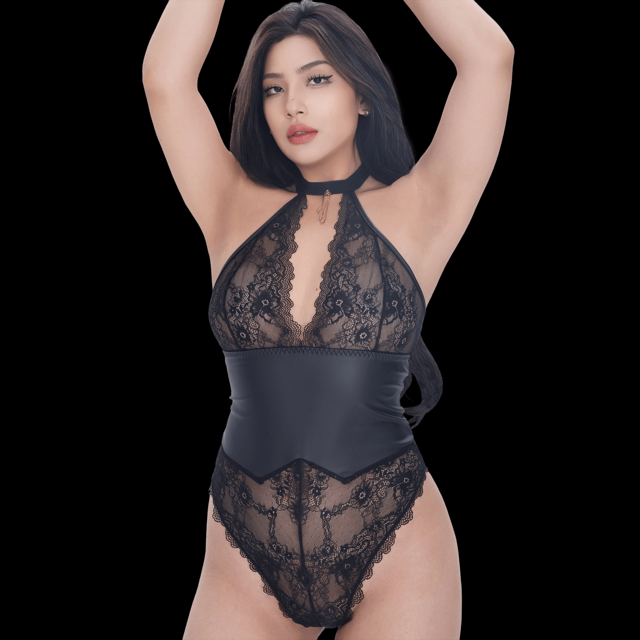 Sexy Black Lace Bodysuit with Corset-Style Leather Waist and Deep V Neck