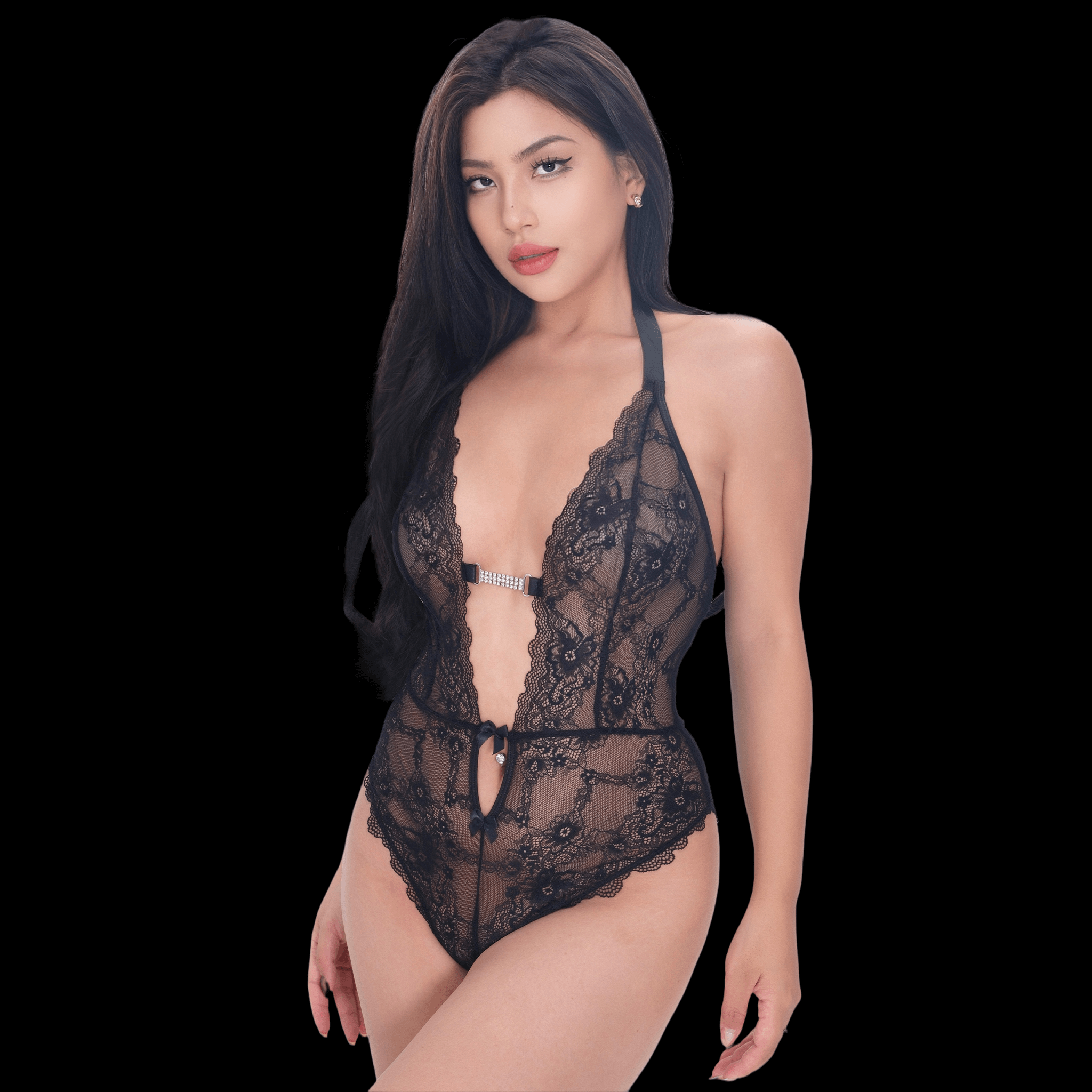 Sexy Lingerie Black Lace Bodysuit with Deep V-Neckline