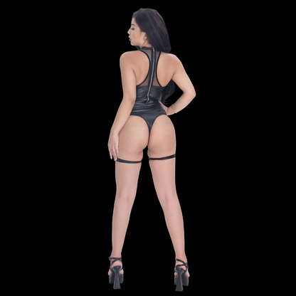 Sexy Black Leather Corset Bodysuit with Mesh See-Through Design