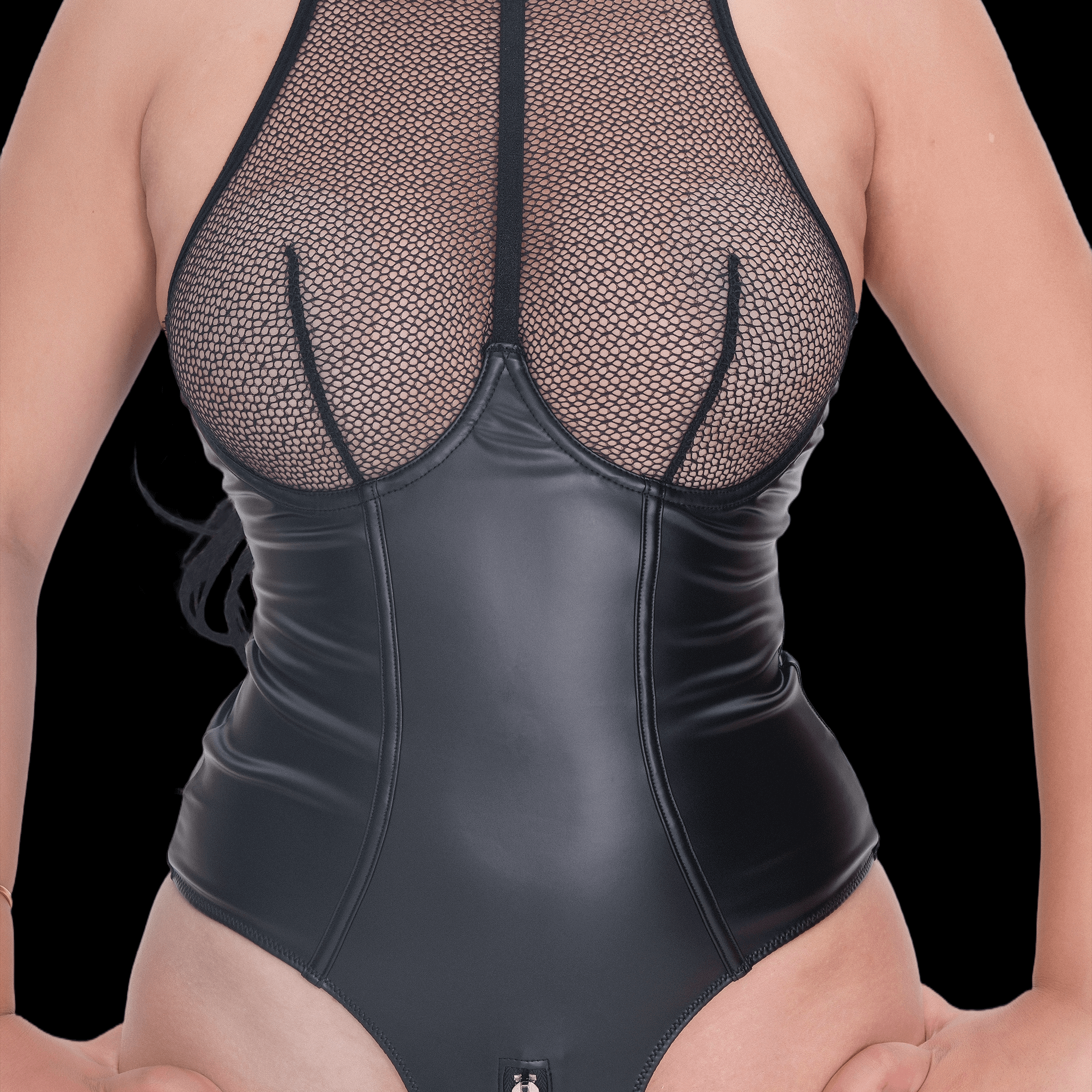 Sexy Black Leather Corset Bodysuit with Mesh See-Through Design