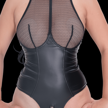 Sexy Black Leather Corset Bodysuit with Mesh See-Through Design
