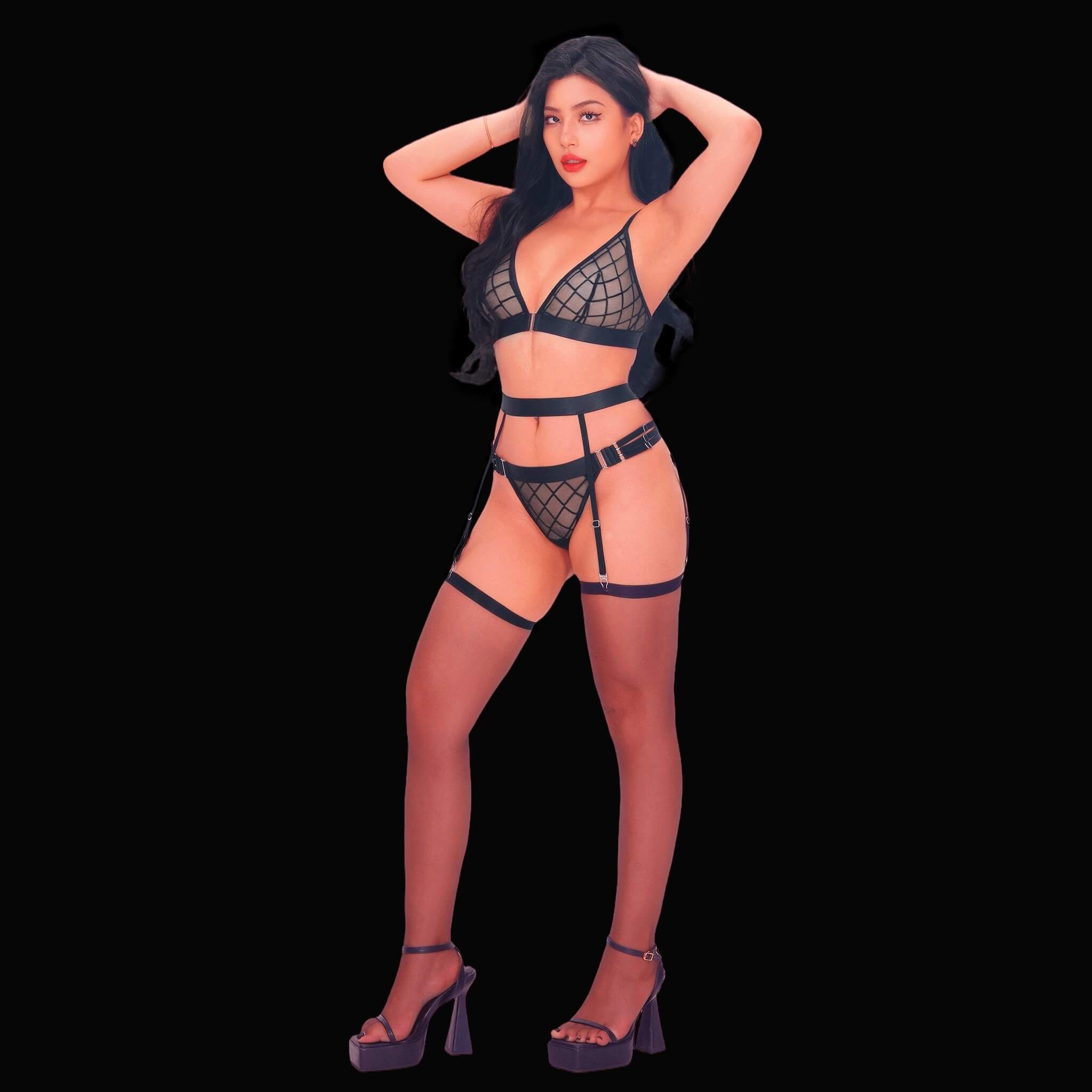 Black sexy lingerie set with sheer see-through mesh fabric, elegant bra with adjustable straps, and matching panties, designed to create a seductive and alluring silhouette.