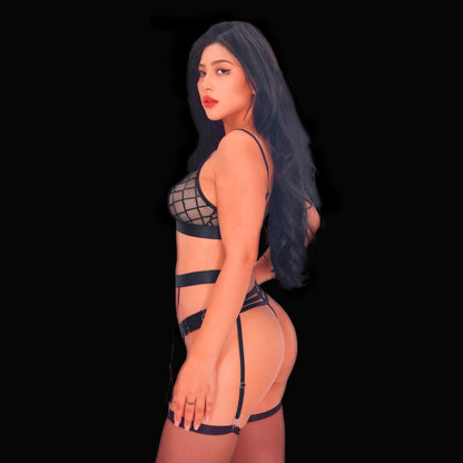 Black sexy lingerie set with sheer see-through mesh, elegant bra with adjustable straps, and matching panties, designed for a seductive and sophisticated silhouette.