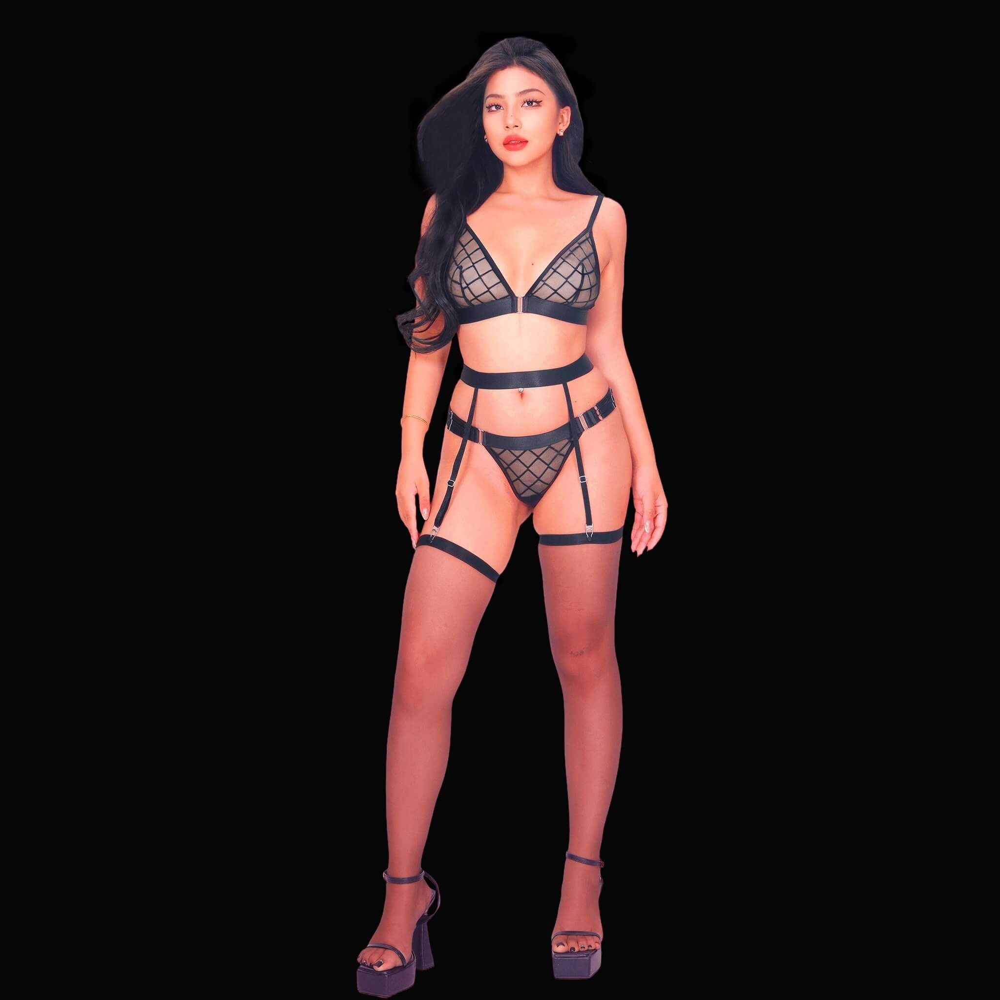 Black sexy lingerie set with sheer see-through mesh fabric, stylish bra with adjustable straps, and matching panties, designed for an alluring, elegant, and seductive silhouette.