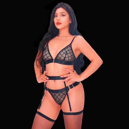Black sexy lingerie set with sheer see-through mesh fabric, elegant bra with adjustable straps, and matching panties, designed for a provocative and seductive silhouette.