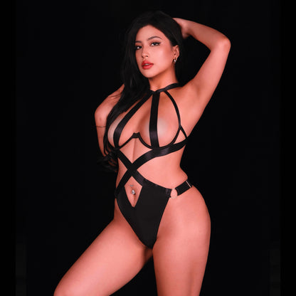 Black strappy lingerie set featuring geometric strap patterns, designed for a dynamic, contemporary, and bold lingerie appearance.