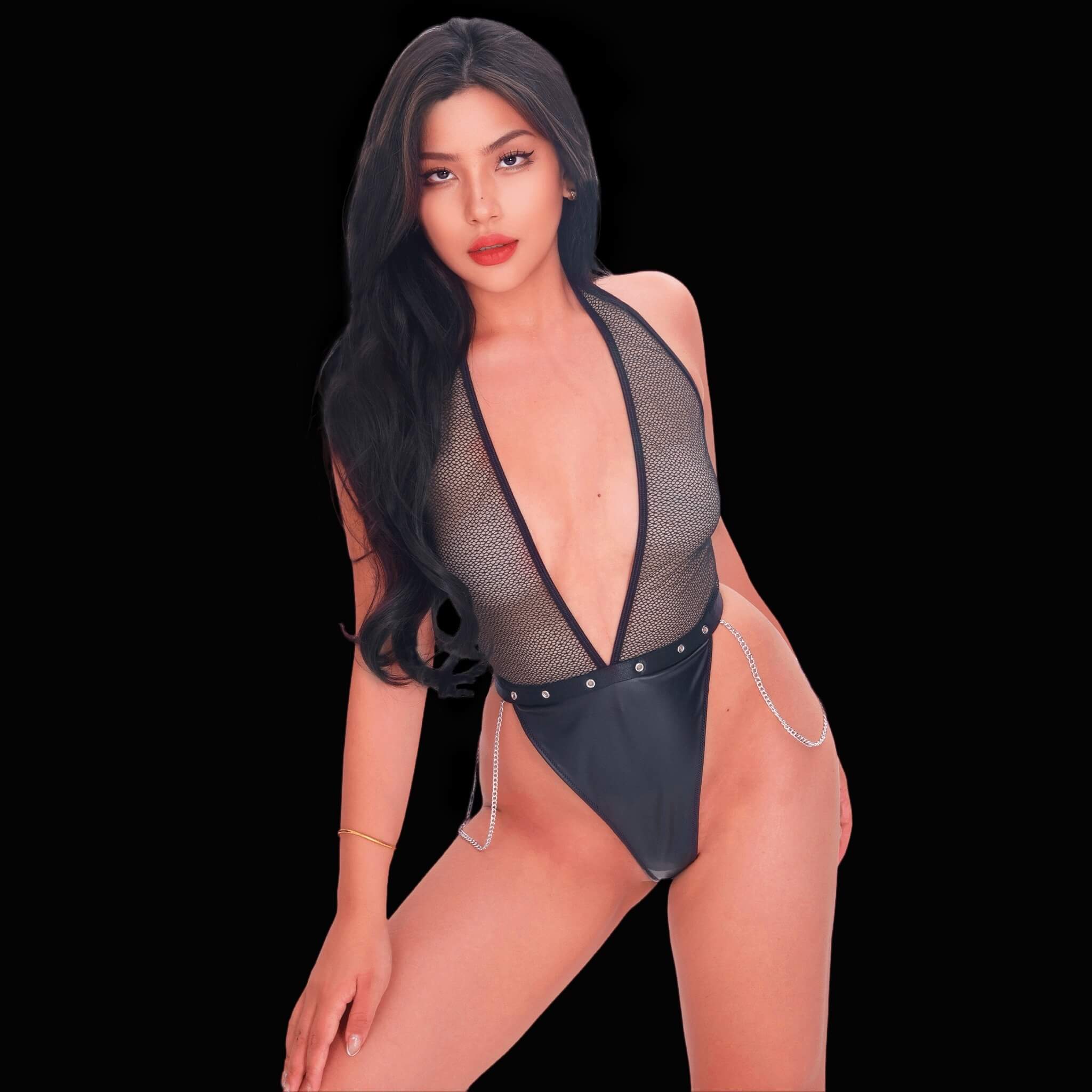 Bold, sexy black see-through bodysuit, crafted with daring sheer elements and a sleek silhouette for a striking, irresistibly alluring, and modern lingerie look.