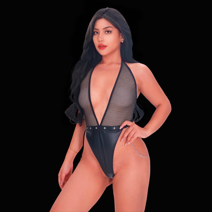 Bold, sexy black see-through bodysuit, featuring gorgeously sheer panels and a sleek, body-hugging design for a dramatic, confident, and tantalizing lingerie look.